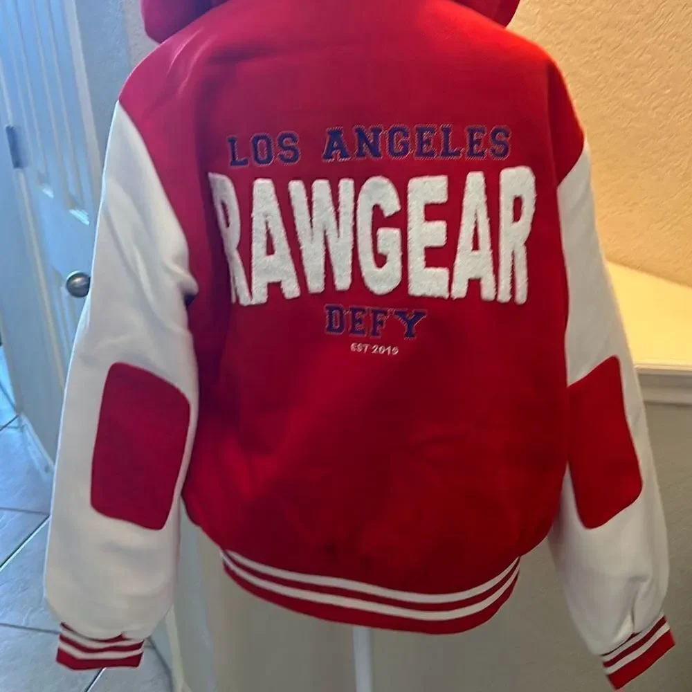 Rawgear Mens Size Small Varsity Bomber Jacket Red White Hooded Snap Front NWT